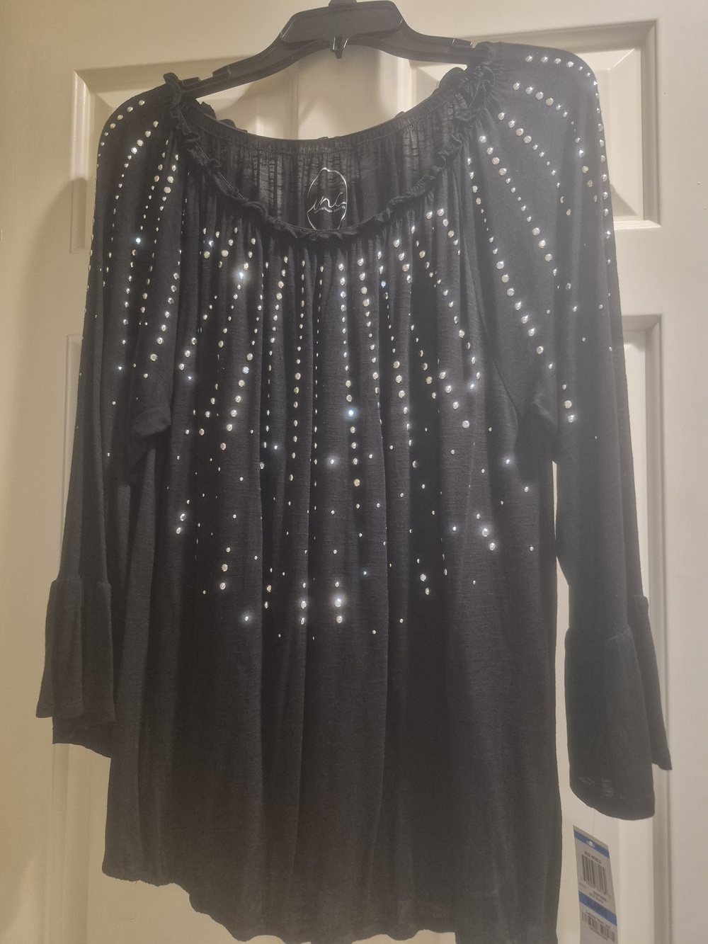 NWT-INC International Concepts Black Rhinestone-Studded Peasant Top